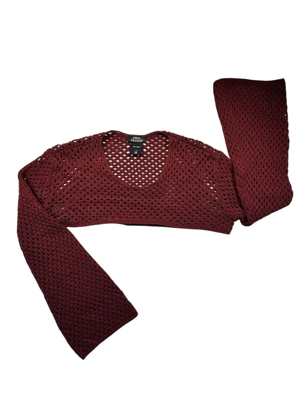 Social Collision Burgundy Open Knit Fishnet Crop Top Sweater - Picture 3 of 3